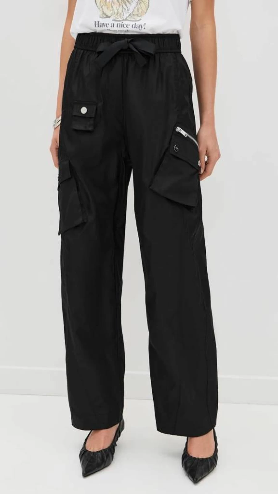Ganni Women's Duchesse Nylon Oversized Elastic Waist Pants - High-Waisted Wide-Leg Trousers