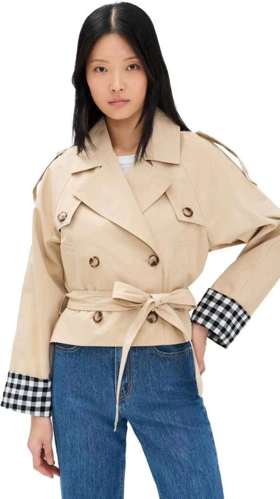 Line & Dot Women's Alba Cropped Trench Jacket with Gingham Check Cuff Details
