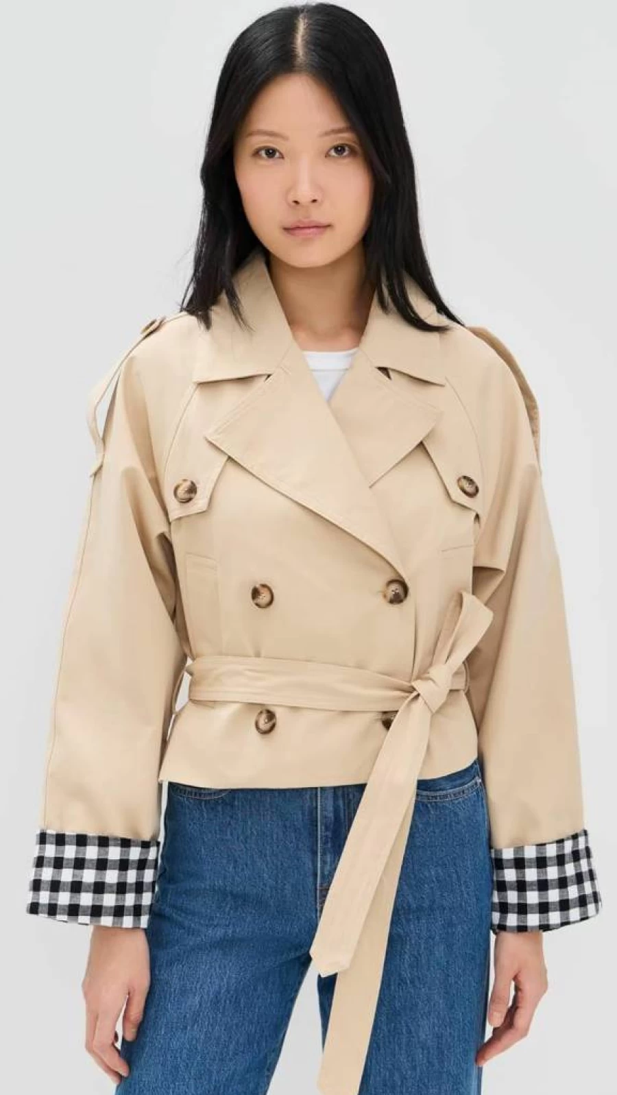 Line & Dot Women's Alba Cropped Trench Jacket with Gingham Check Cuff Details