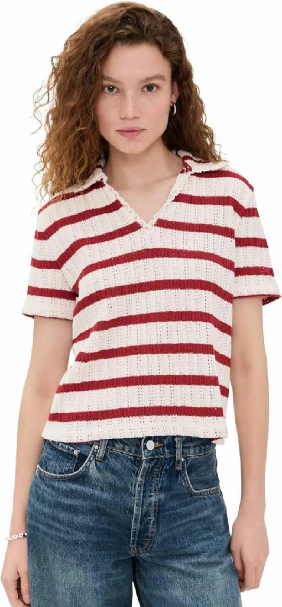 Madewell Women's Crochet V-Neck Knit Sweater Tee - Soft Casual Pullover Top