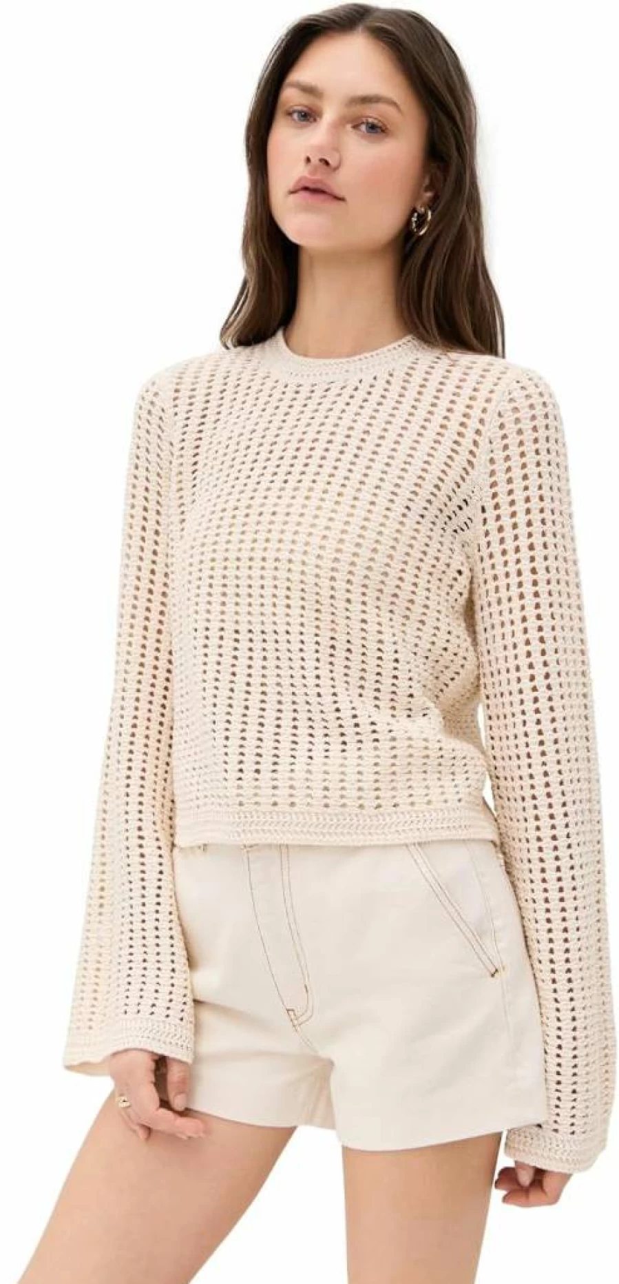 FRAME Women's Crochet Bell Sleeve Sweater - Boho Chic Knit Pullover