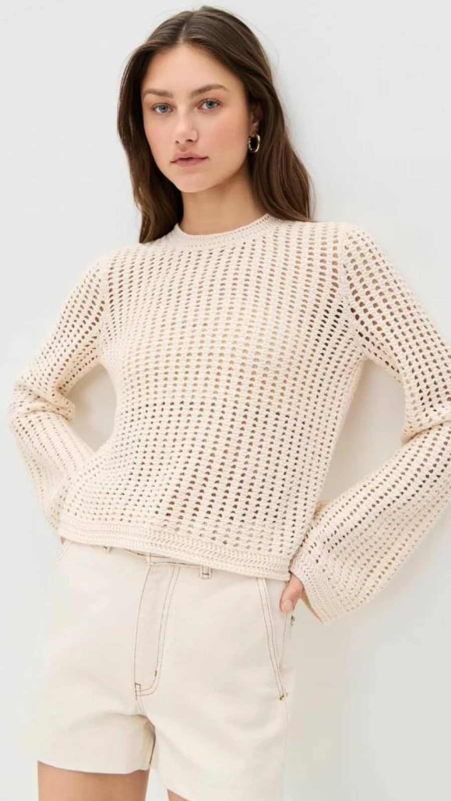 FRAME Women's Crochet Bell Sleeve Sweater - Boho Chic Knit Pullover