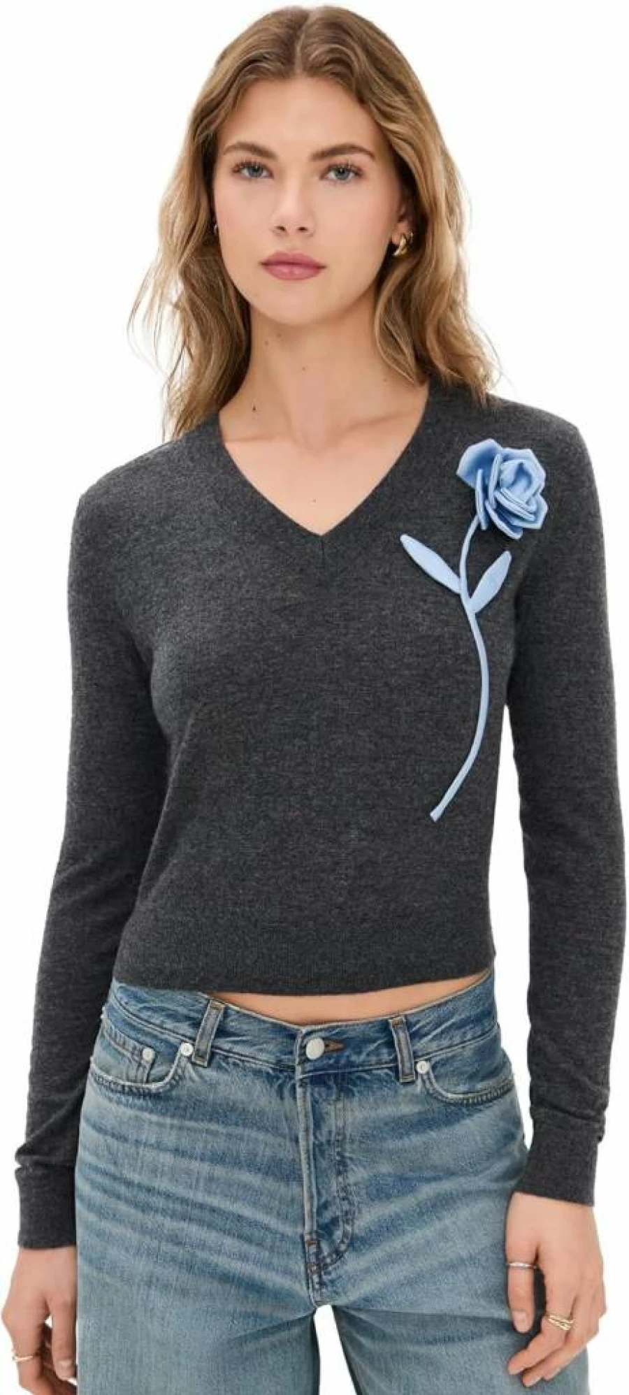 Self Portrait Women's Charcoal Blue Rose Embroidered Sweater