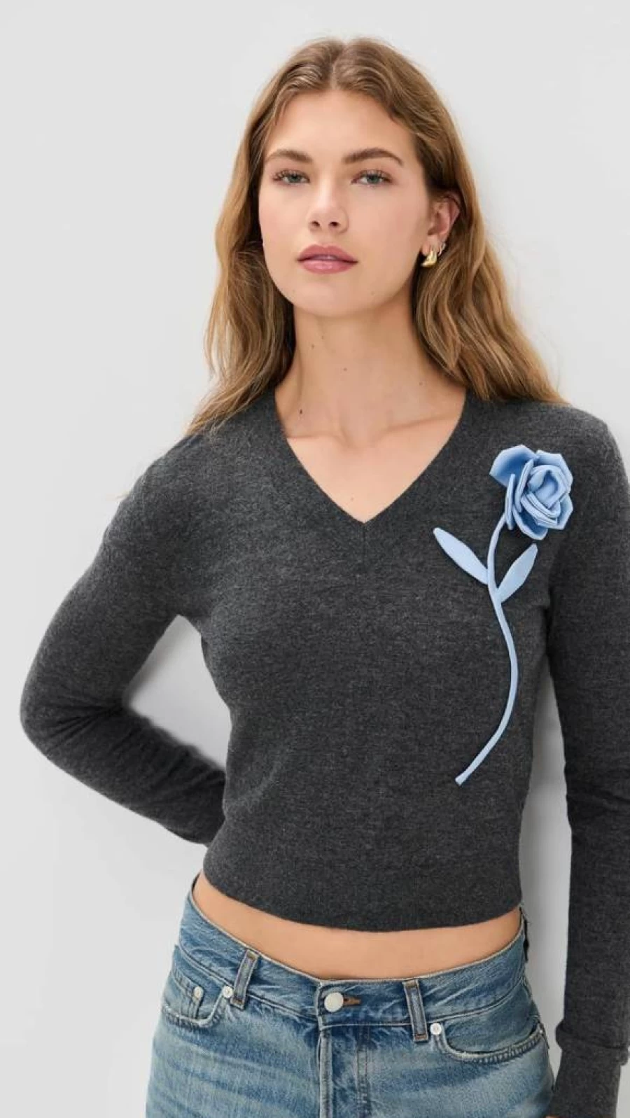 Self Portrait Women's Charcoal Blue Rose Embroidered Sweater