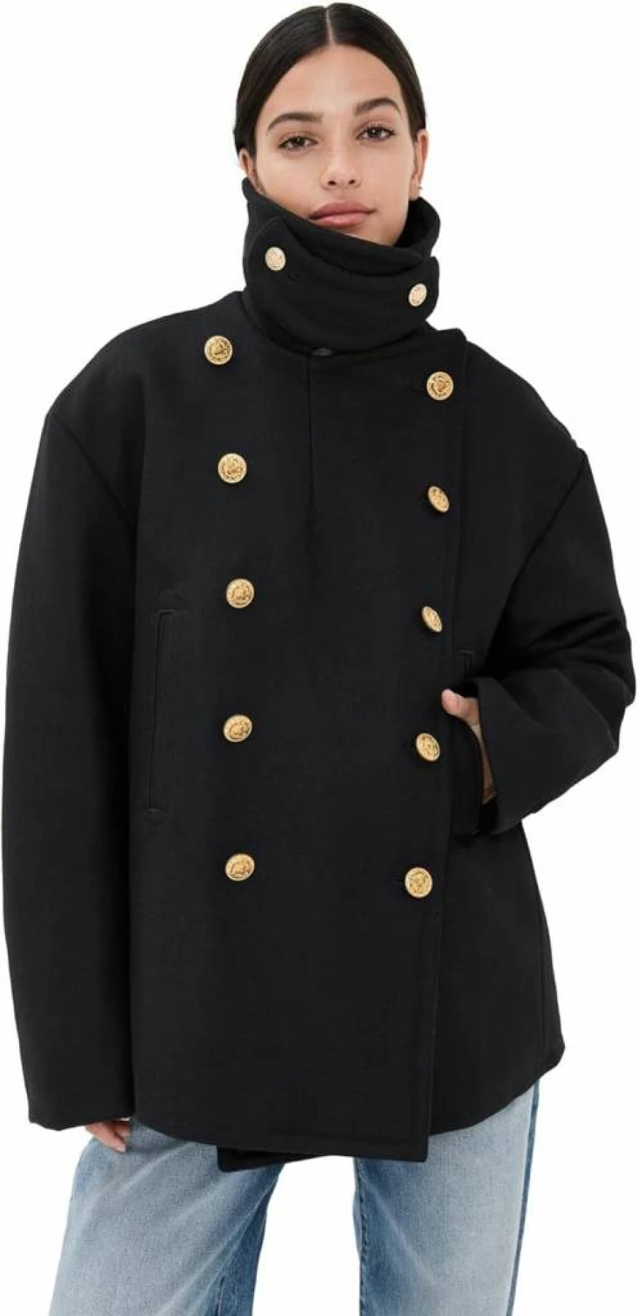 Denimist Women's Oversized Peacoat - Classic Long Wool Blend Winter Coat with Large Lapels