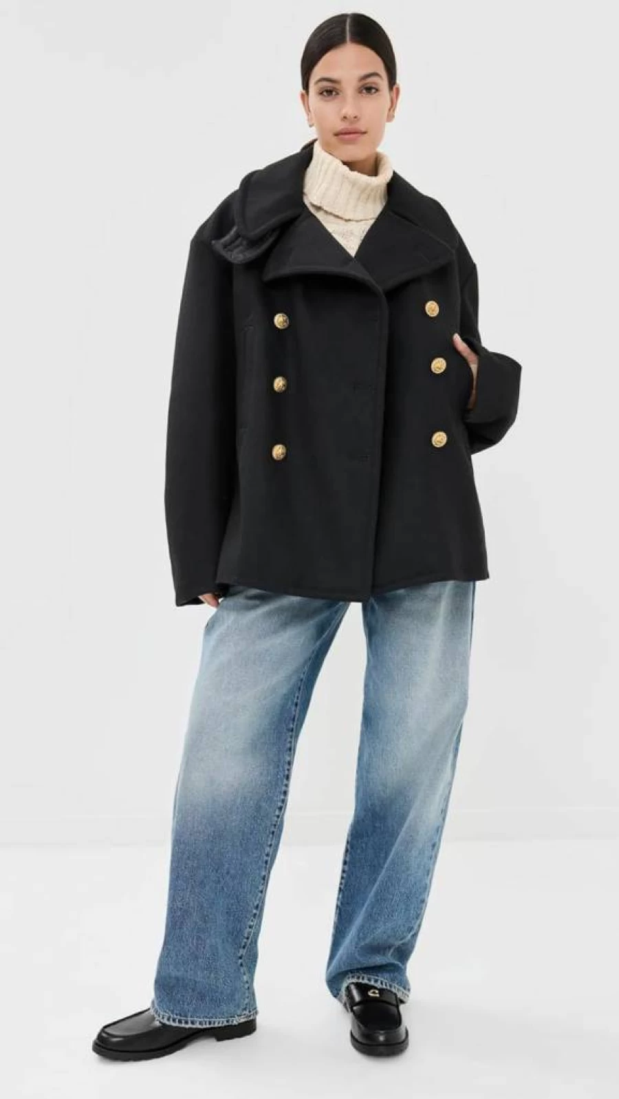 Denimist Women's Oversized Peacoat - Classic Long Wool Blend Winter Coat with Large Lapels