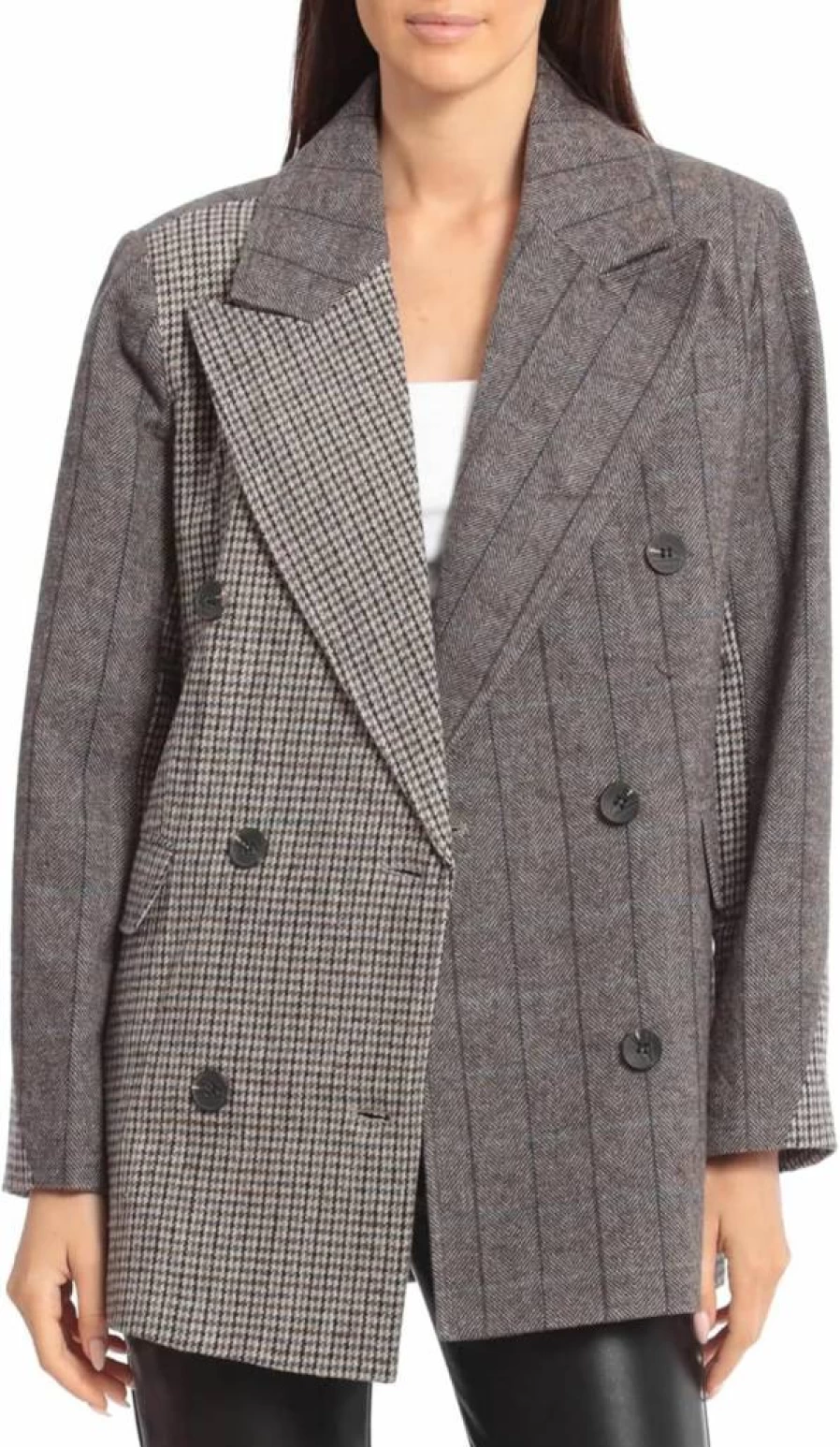 Avec Les Filles Women's Wool Blend Houndstooth Double-Breasted Blazer Jacket - Classic Checkered Office Coat