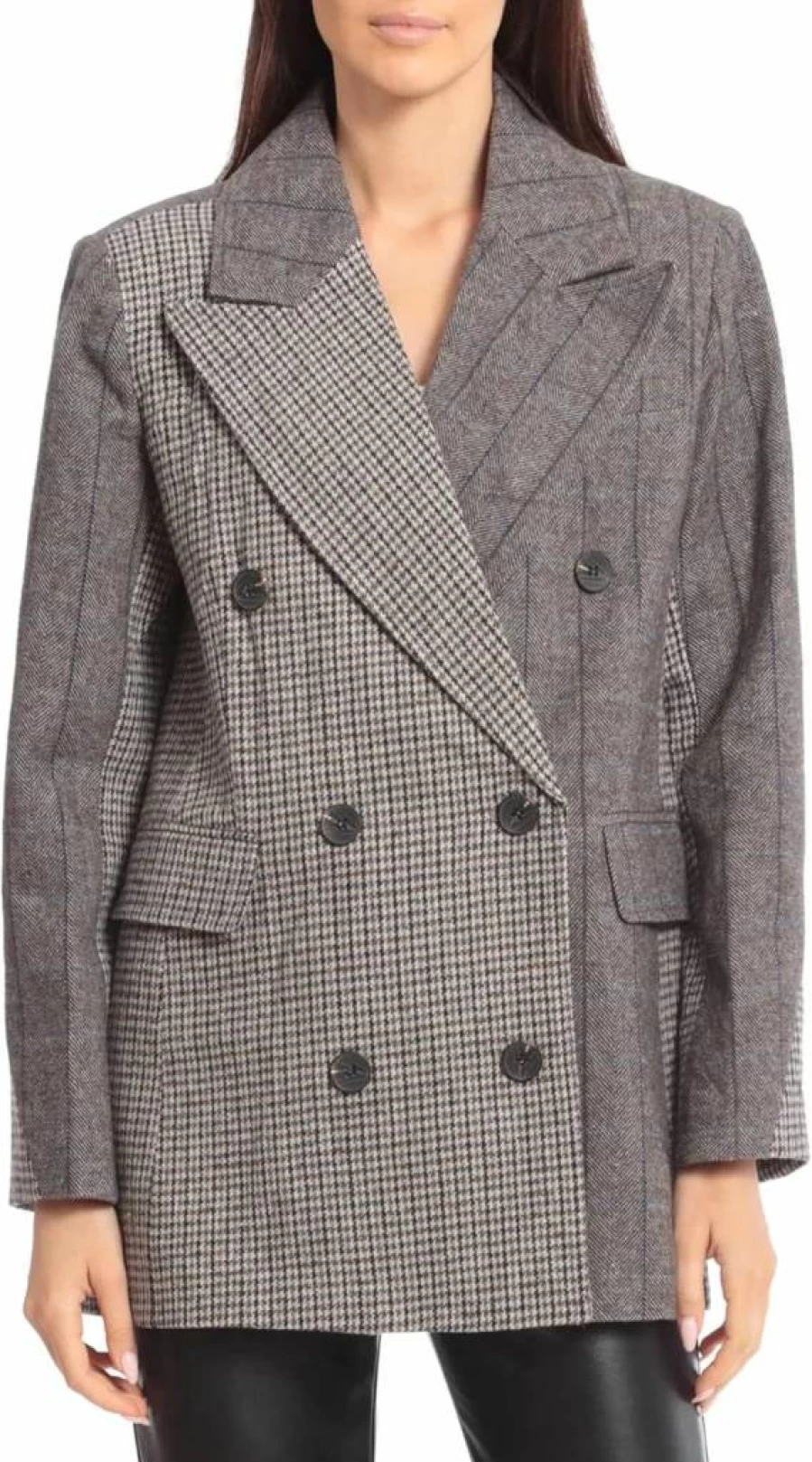 Avec Les Filles Women's Wool Blend Houndstooth Double-Breasted Blazer Jacket - Classic Checkered Office Coat