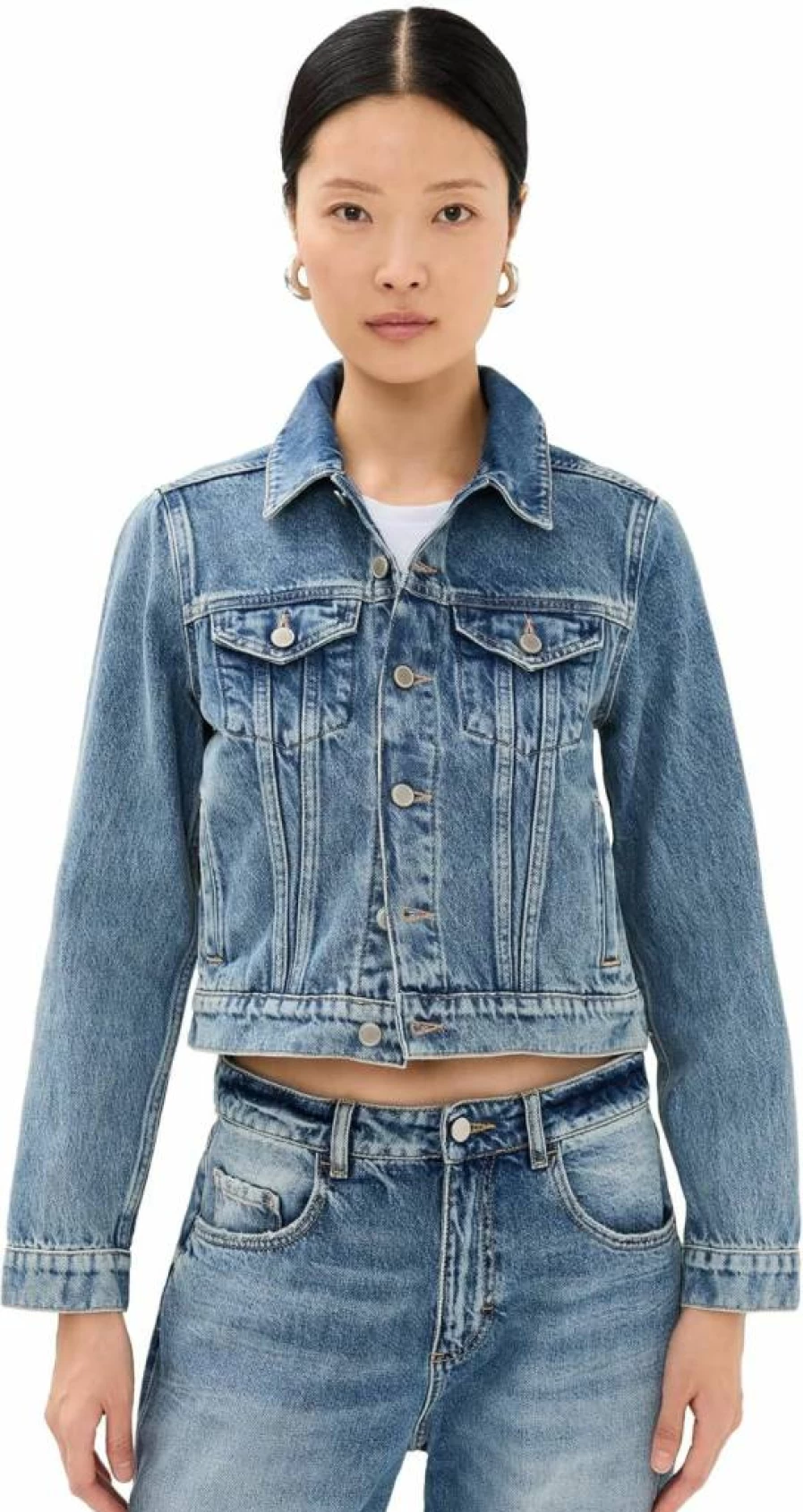 Good American Women's Distressed Denim Trucker Jacket - Vintage Fit Cropped Style