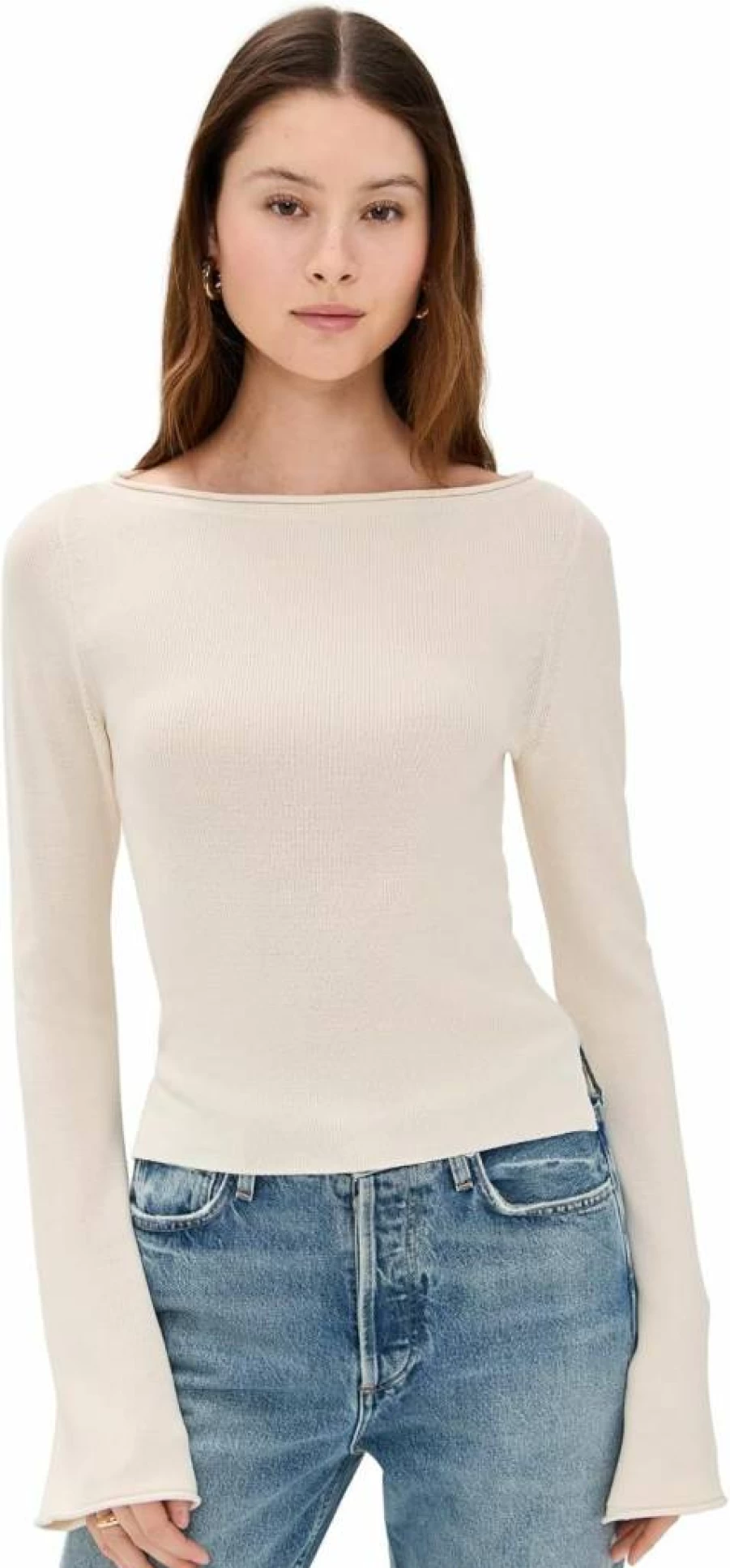Good American Women's Ribbed Knit Boatneck Top - Stretch Comfort Fit T-Shirt