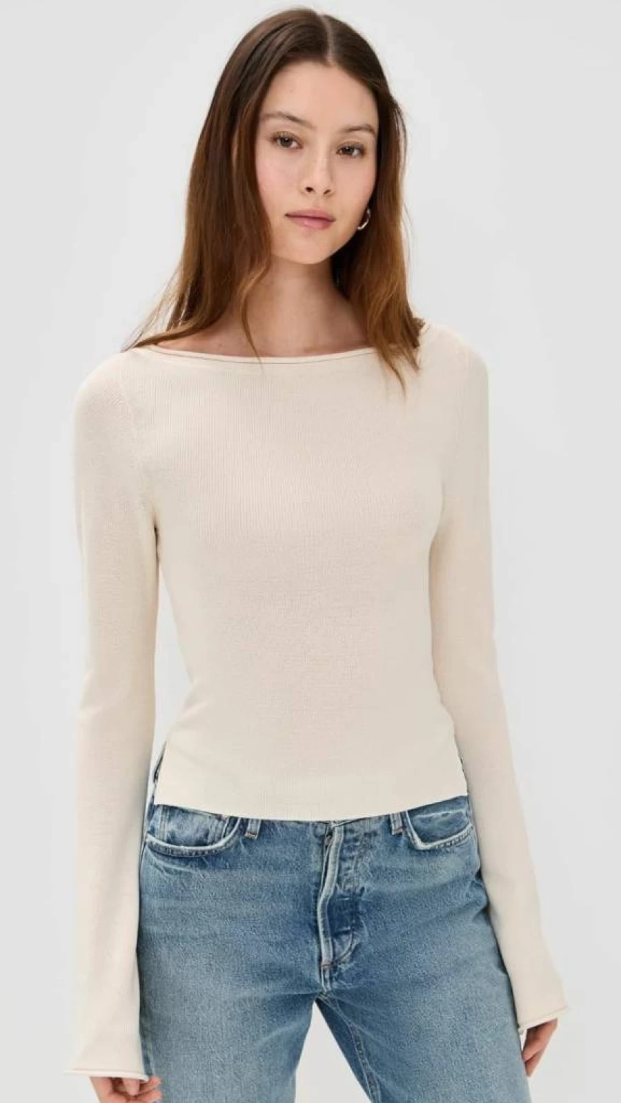 Good American Women's Ribbed Knit Boatneck Top - Stretch Comfort Fit T-Shirt