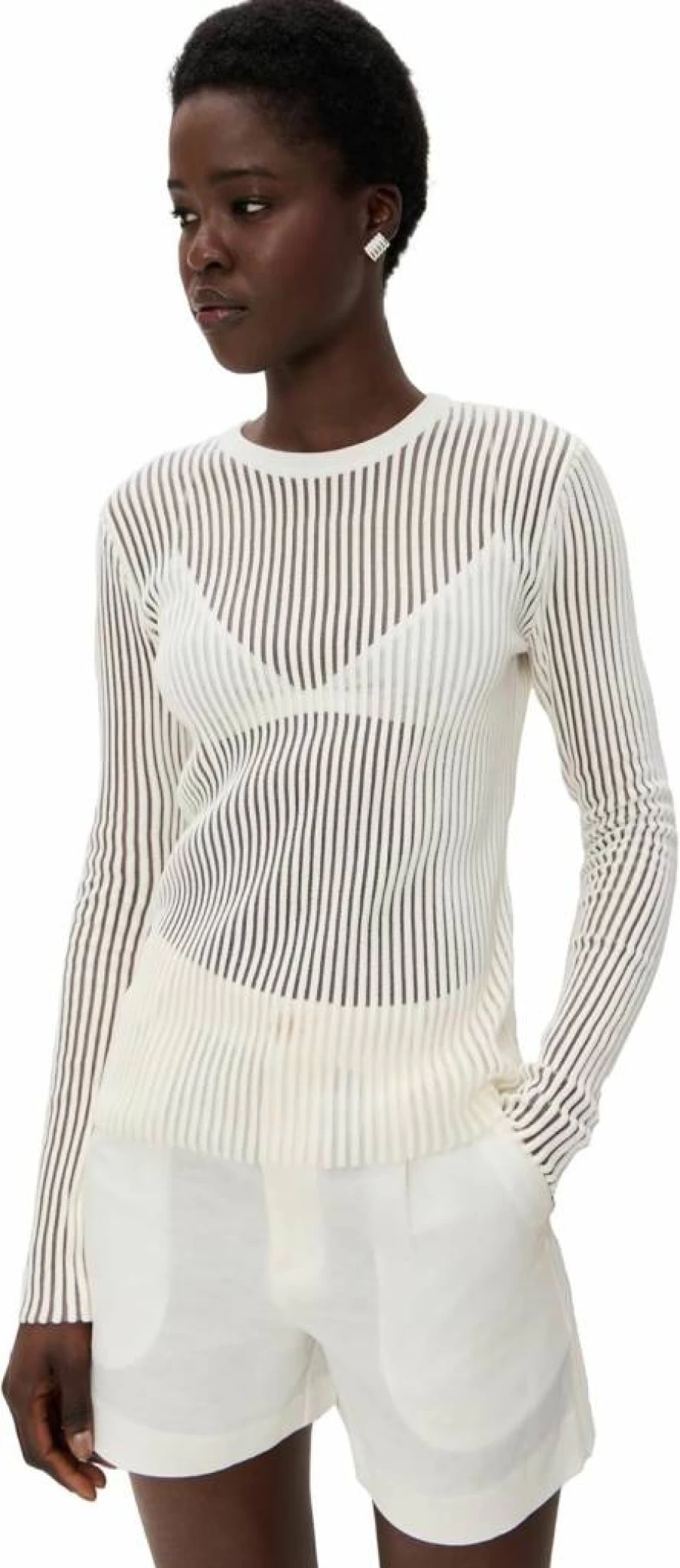 Helmut Lang Women's Striped Sheer Knit Sweater Crew Neck Pullover Top