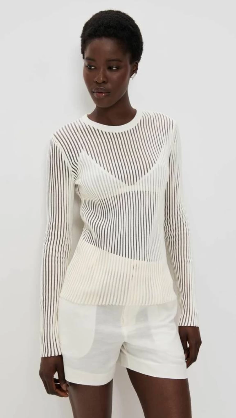Helmut Lang Women's Striped Sheer Knit Sweater Crew Neck Pullover Top