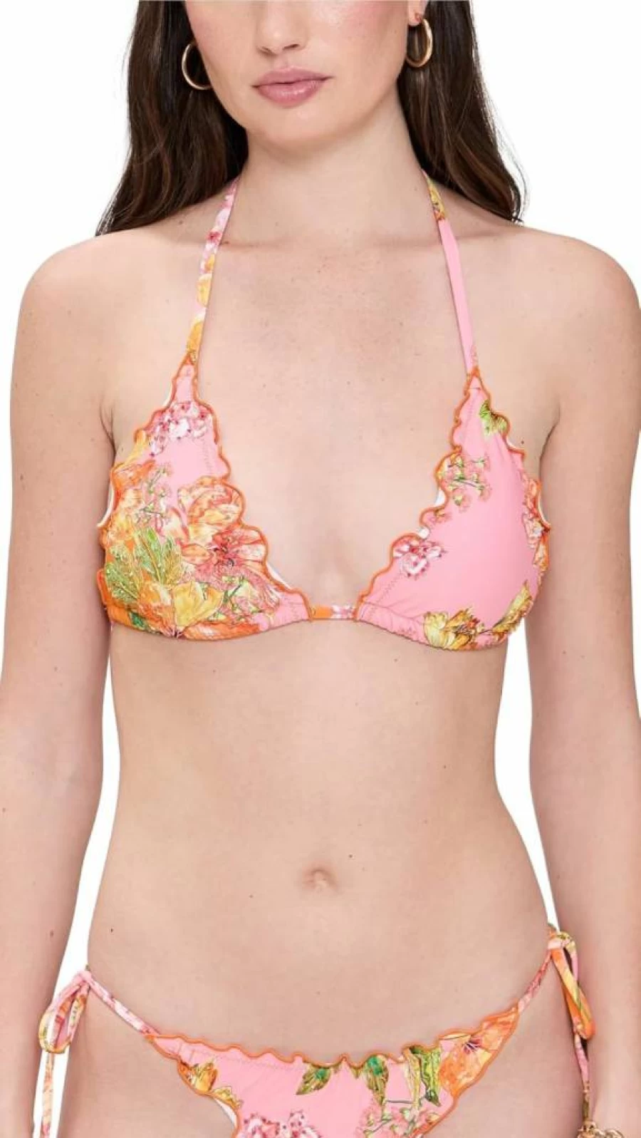 PQ Swim Women's Embroidered Floral Triangle Bikini Top with Lace Trim