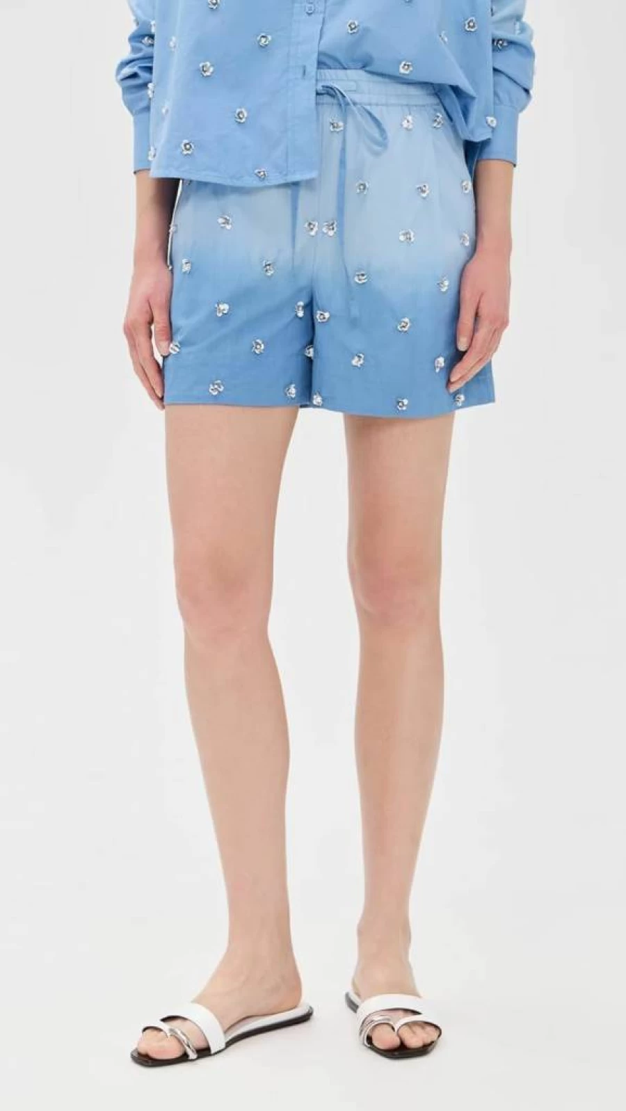 Essentiel Antwerp Women's High-Waisted Embellished Denim Shorts - Fashionable Distressed Design