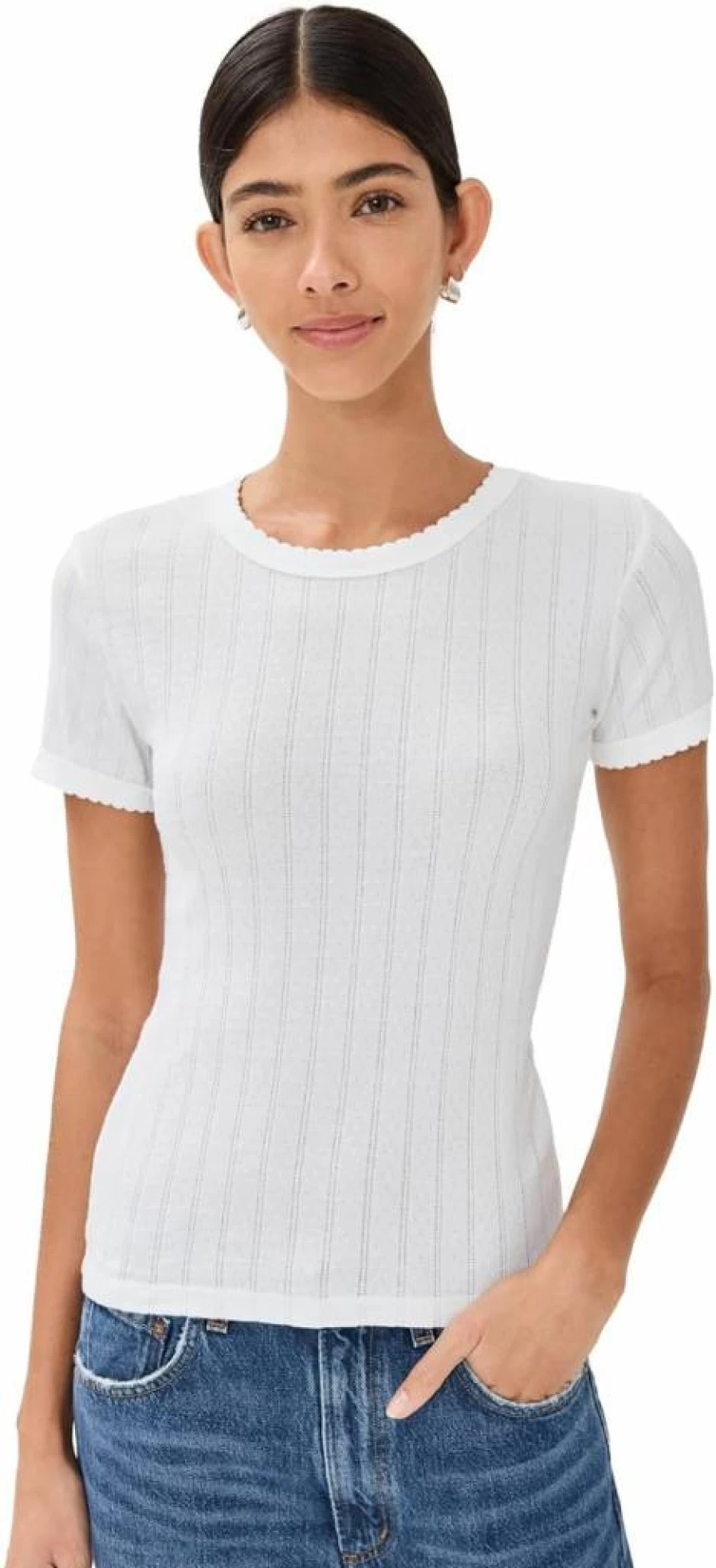 Leset Women's Pointelle Knit Short Sleeve T-Shirt Casual Lace Trim Top