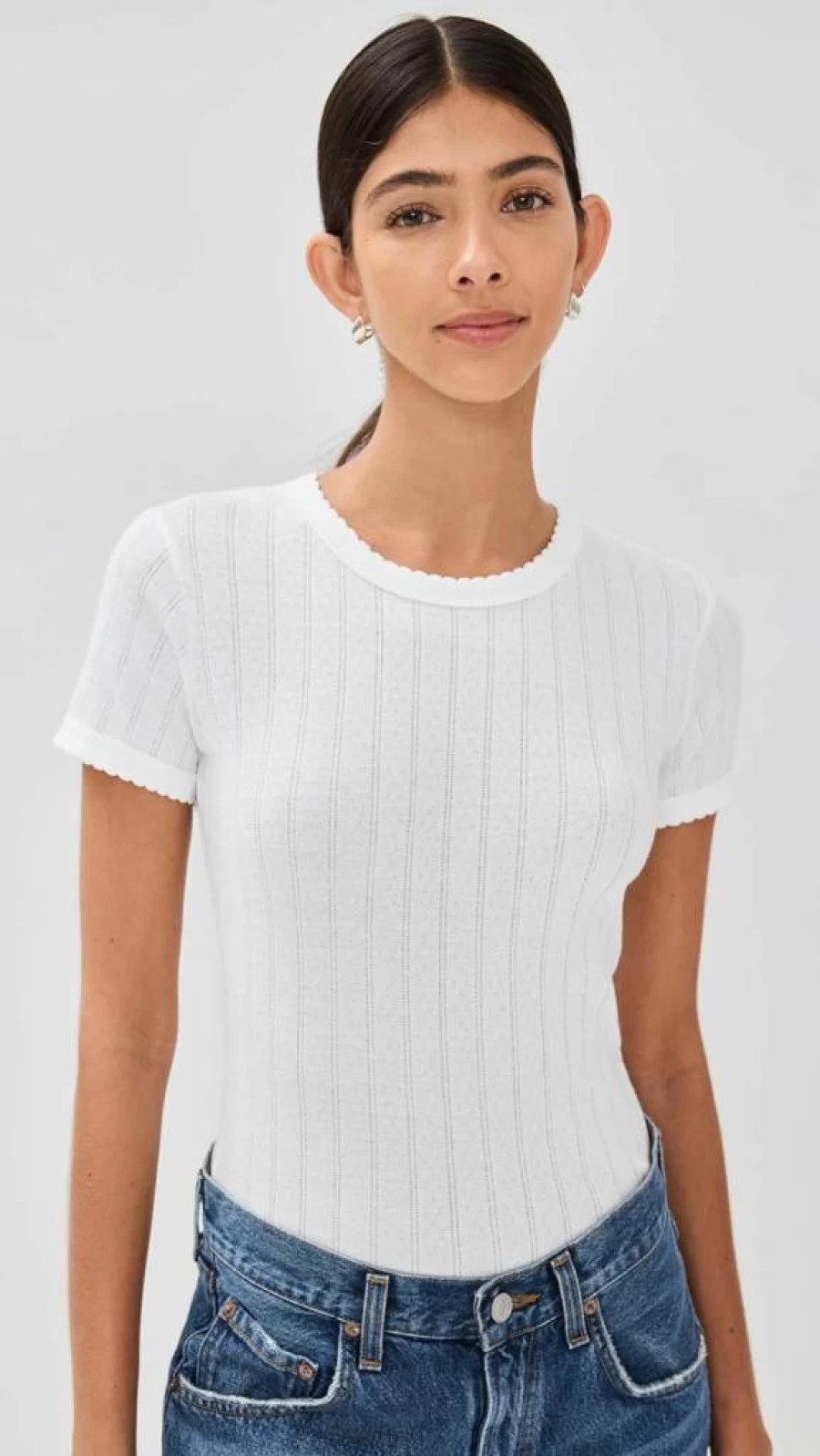 Leset Women's Pointelle Knit Short Sleeve T-Shirt Casual Lace Trim Top