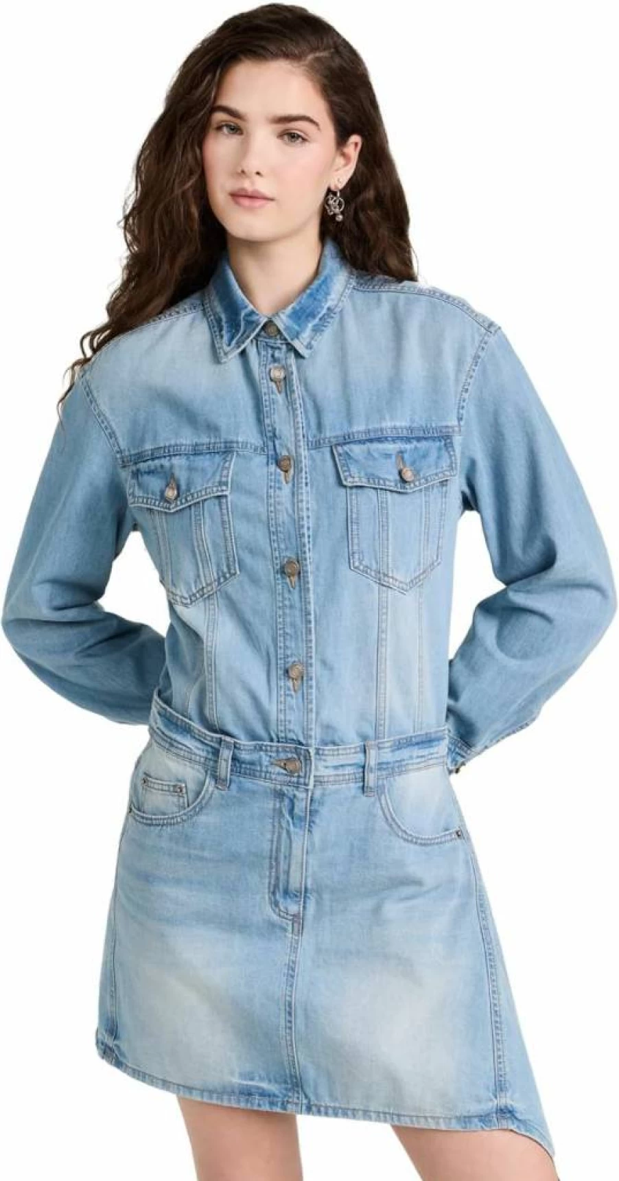 Juun.J Women's Denim Mini Shirt Dress - Stylish Casual Blue Jean Dress