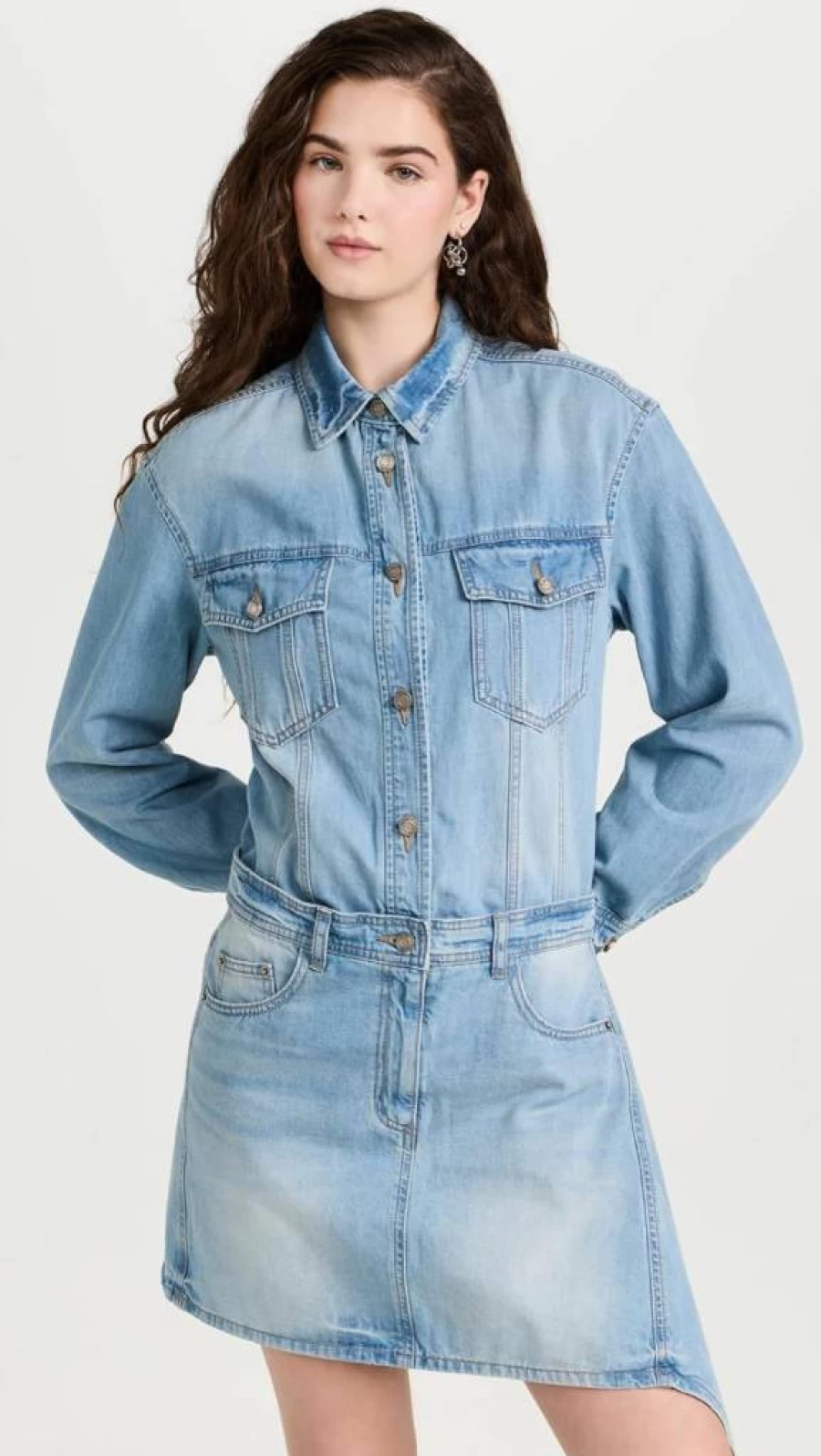 Juun.J Women's Denim Mini Shirt Dress - Stylish Casual Blue Jean Dress