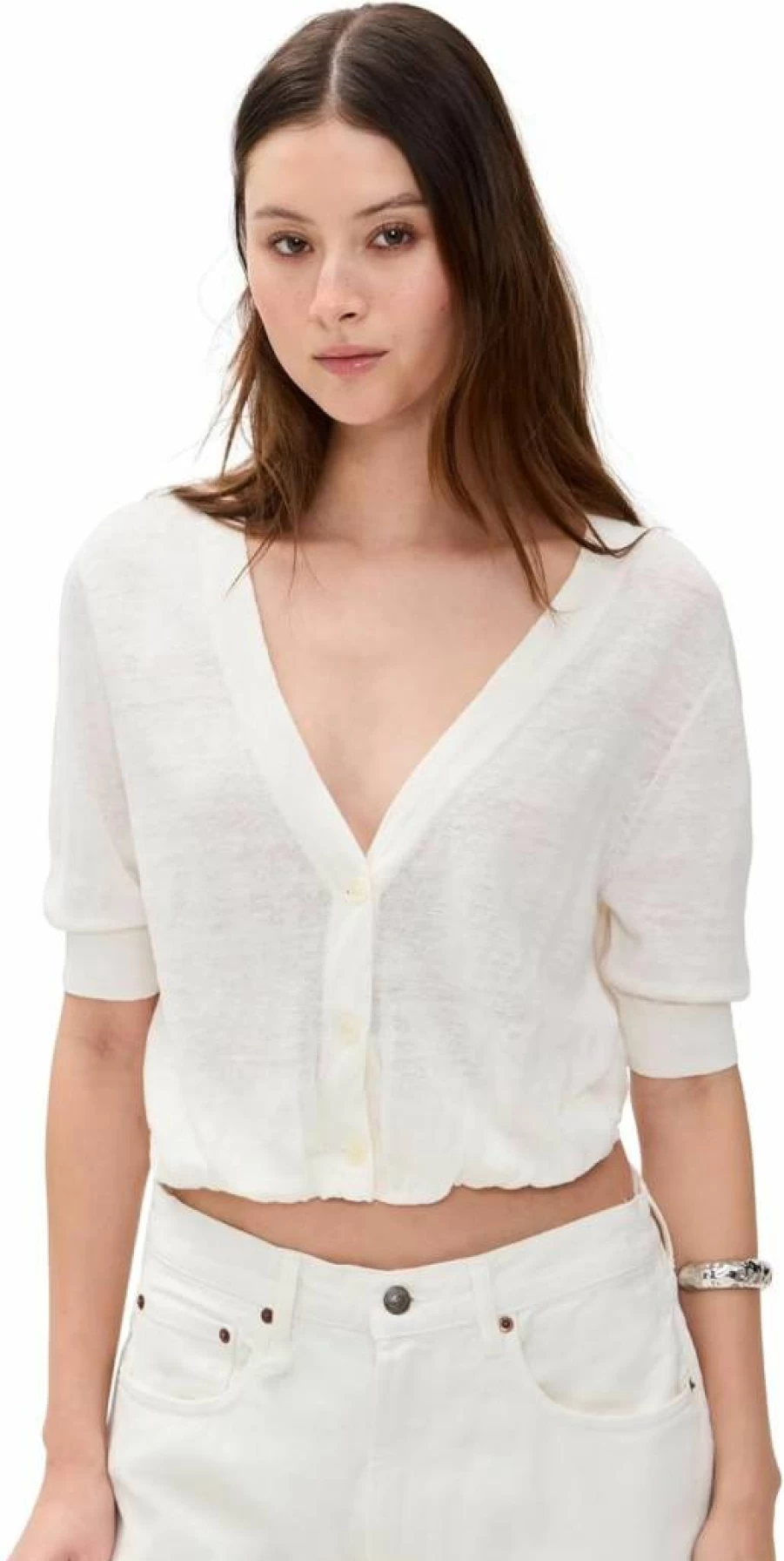 R13 Women's Balloon Sleeve Elbow-Length Cardigan Sweater