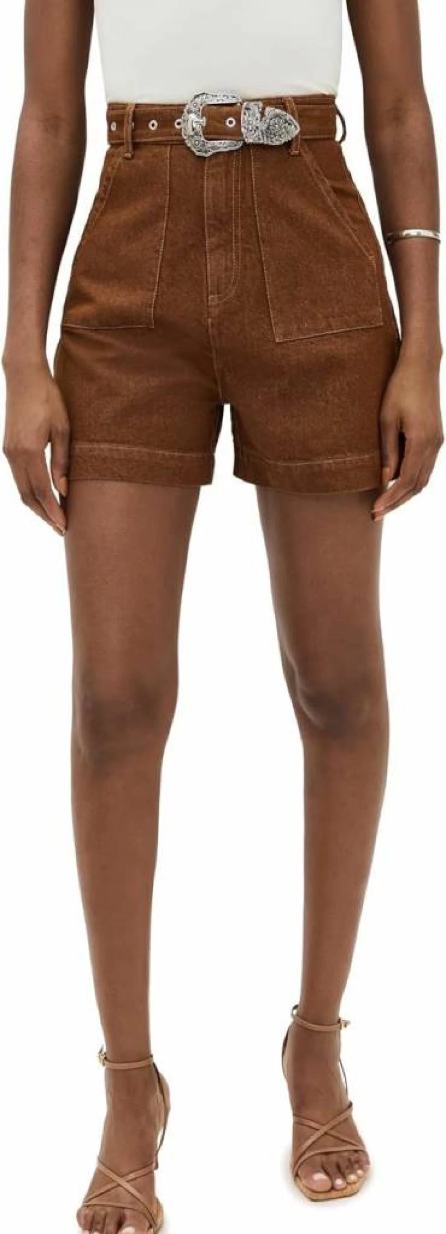 Marques'Almeida Women's Embellished Brown Denim Shorts with Designer Belt Detail