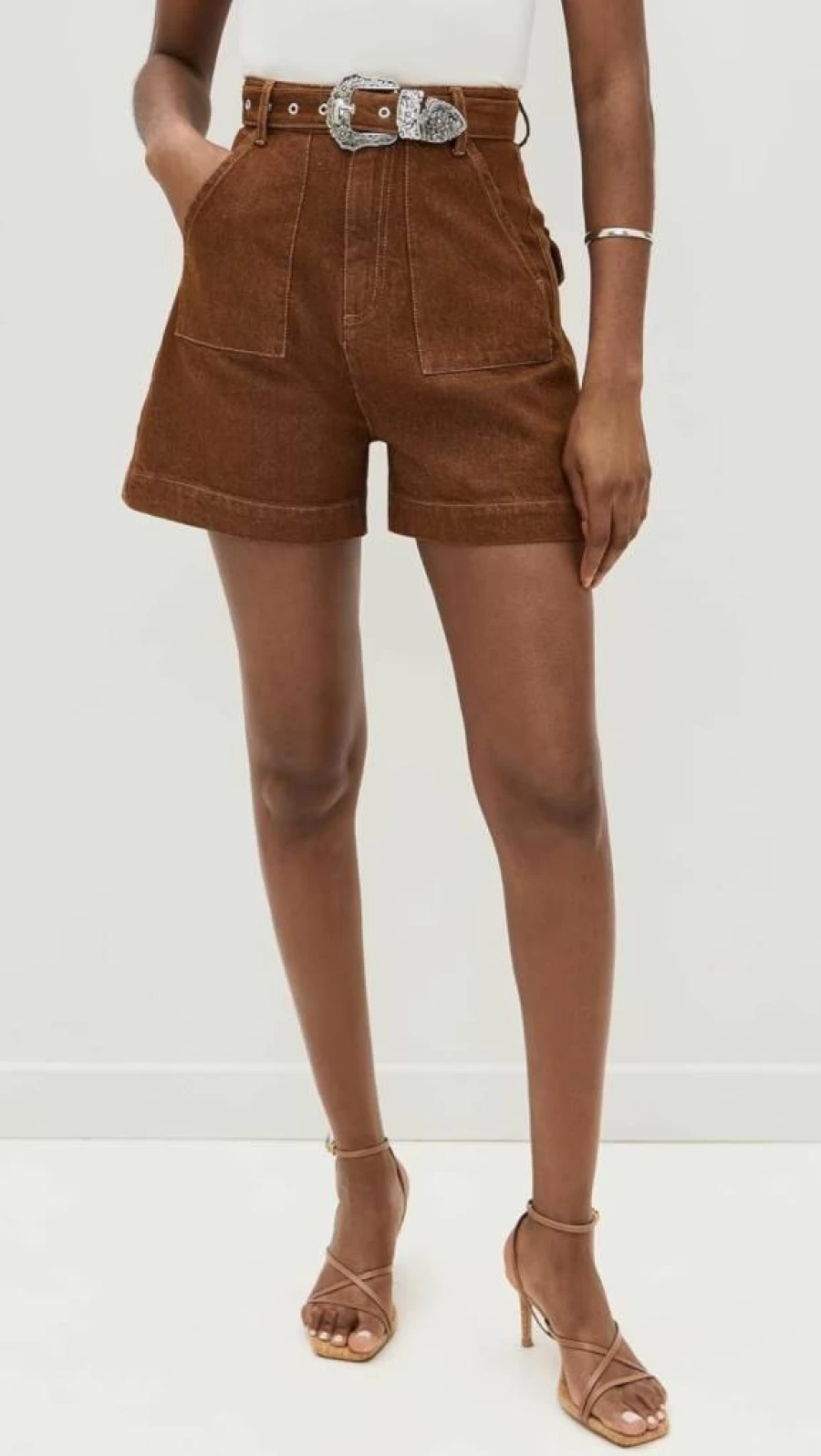 Marques'Almeida Women's Embellished Brown Denim Shorts with Designer Belt Detail