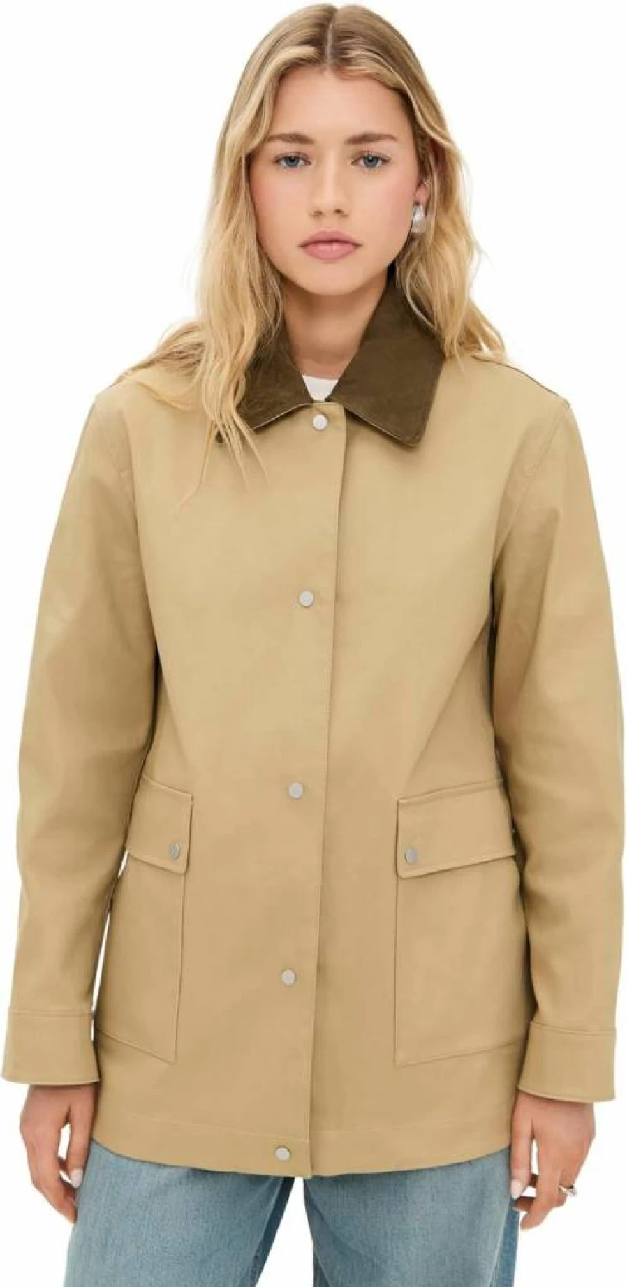 Vince Women's Suede-Trimmed Utility Jacket with Snap Front and Collar Detail