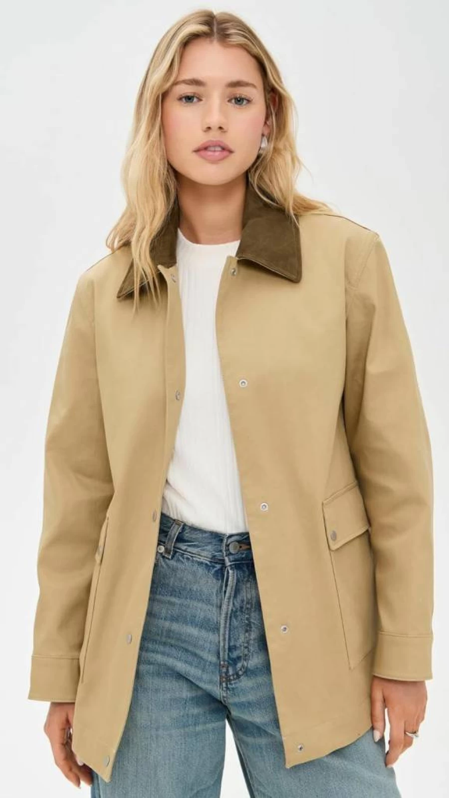 Vince Women's Suede-Trimmed Utility Jacket with Snap Front and Collar Detail