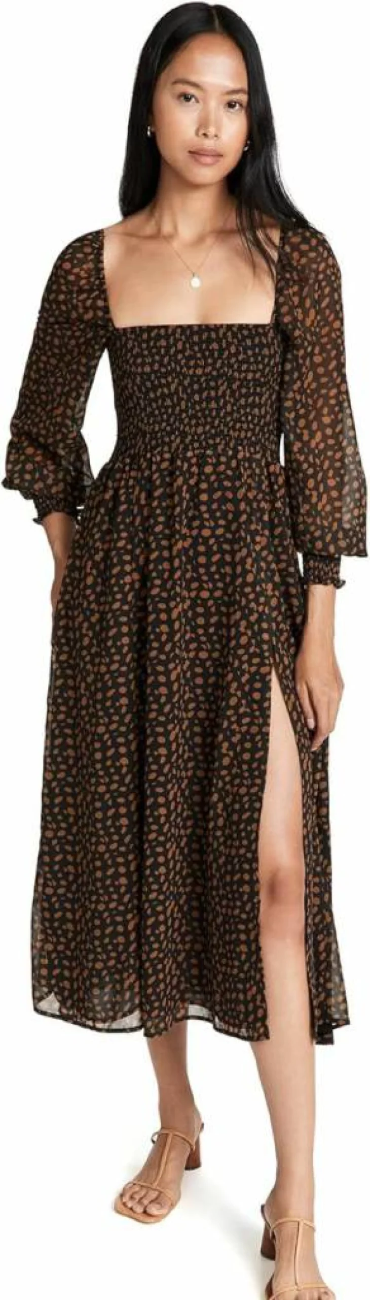 O.P.T Women's Classic Smocked Maxi Dress - Elegant Long Sleeve Flowy Boho Chic Summer Beach Dress