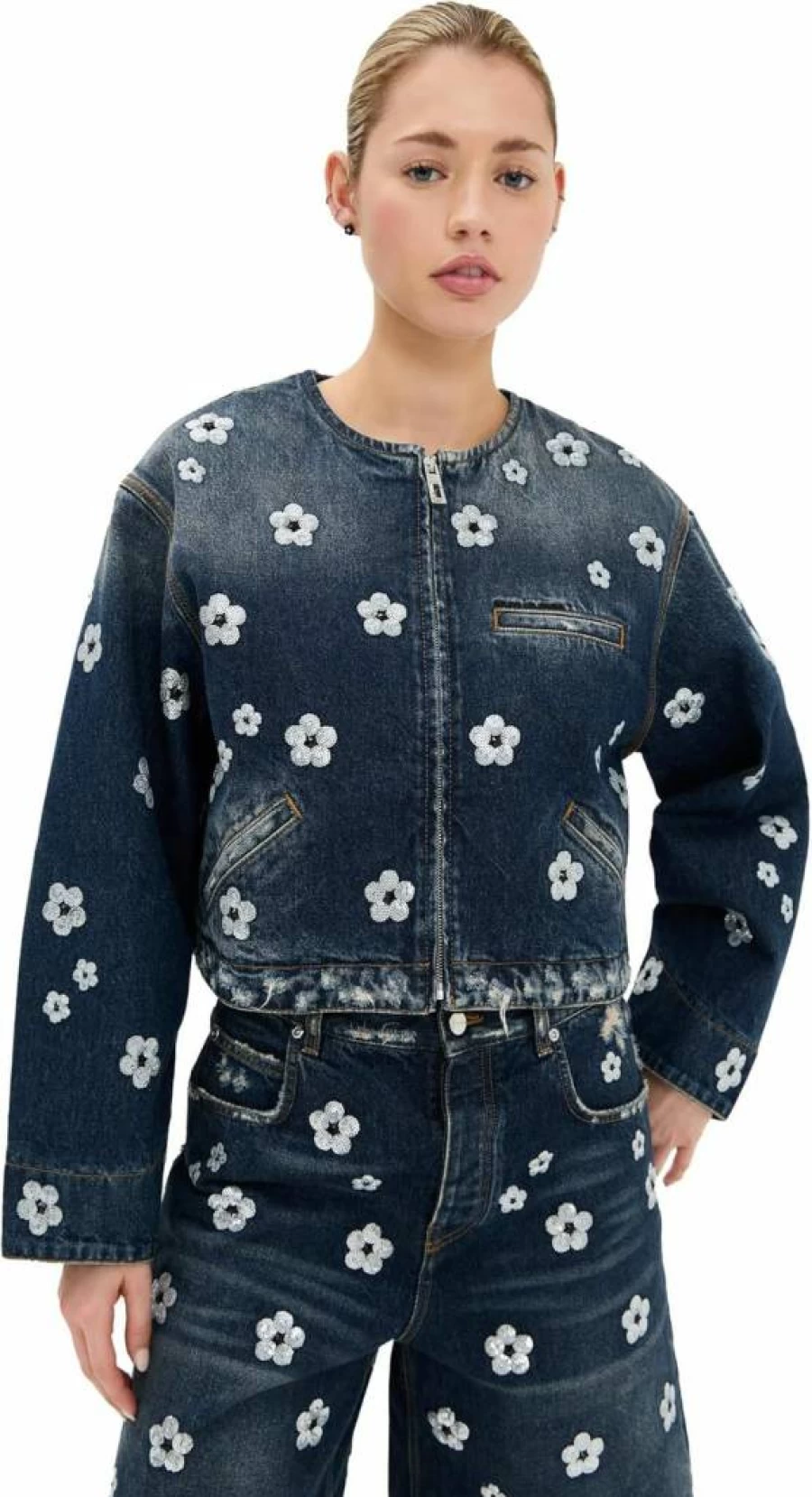 Marc Jacobs Women's Sequin Daisy Cropped Jacket - Glitter Embellished Denim Jacket for Women