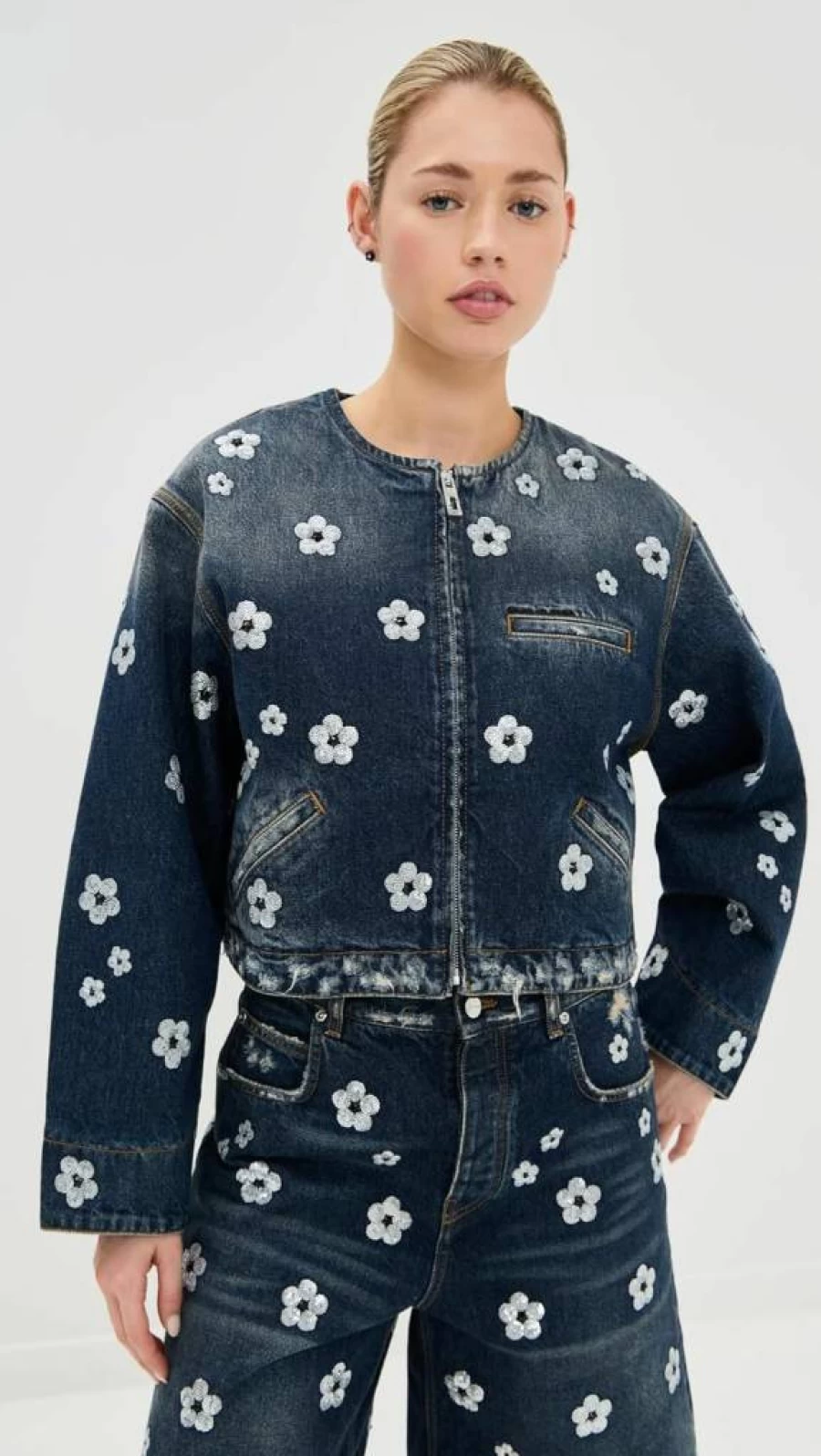 Marc Jacobs Women's Sequin Daisy Cropped Jacket - Glitter Embellished Denim Jacket for Women