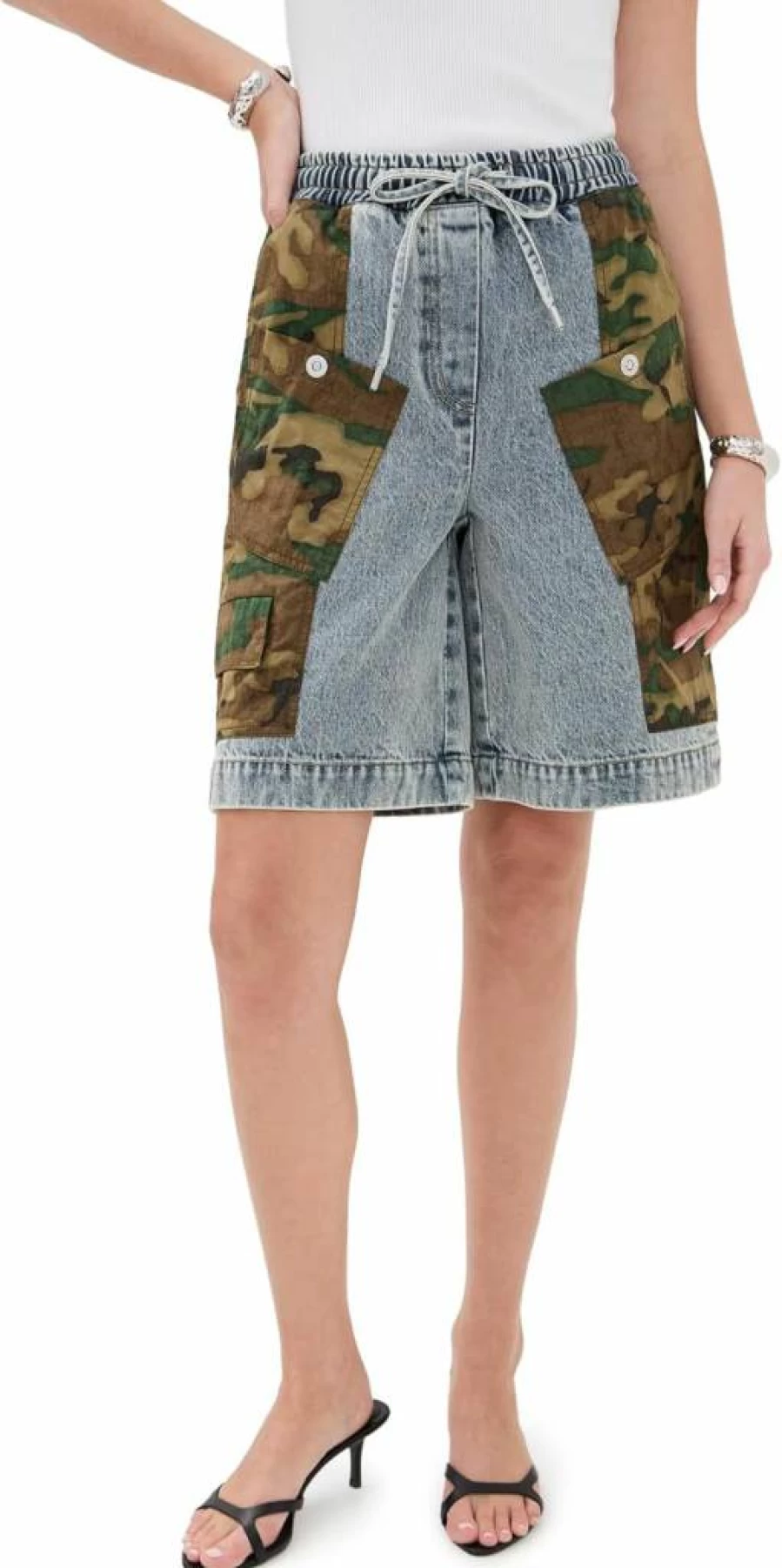 3.1 Phillip Lim Women's Camo Patchwork Ripstop Basketball Shorts – High-Waist Athletic Shorts with Streetwear Style