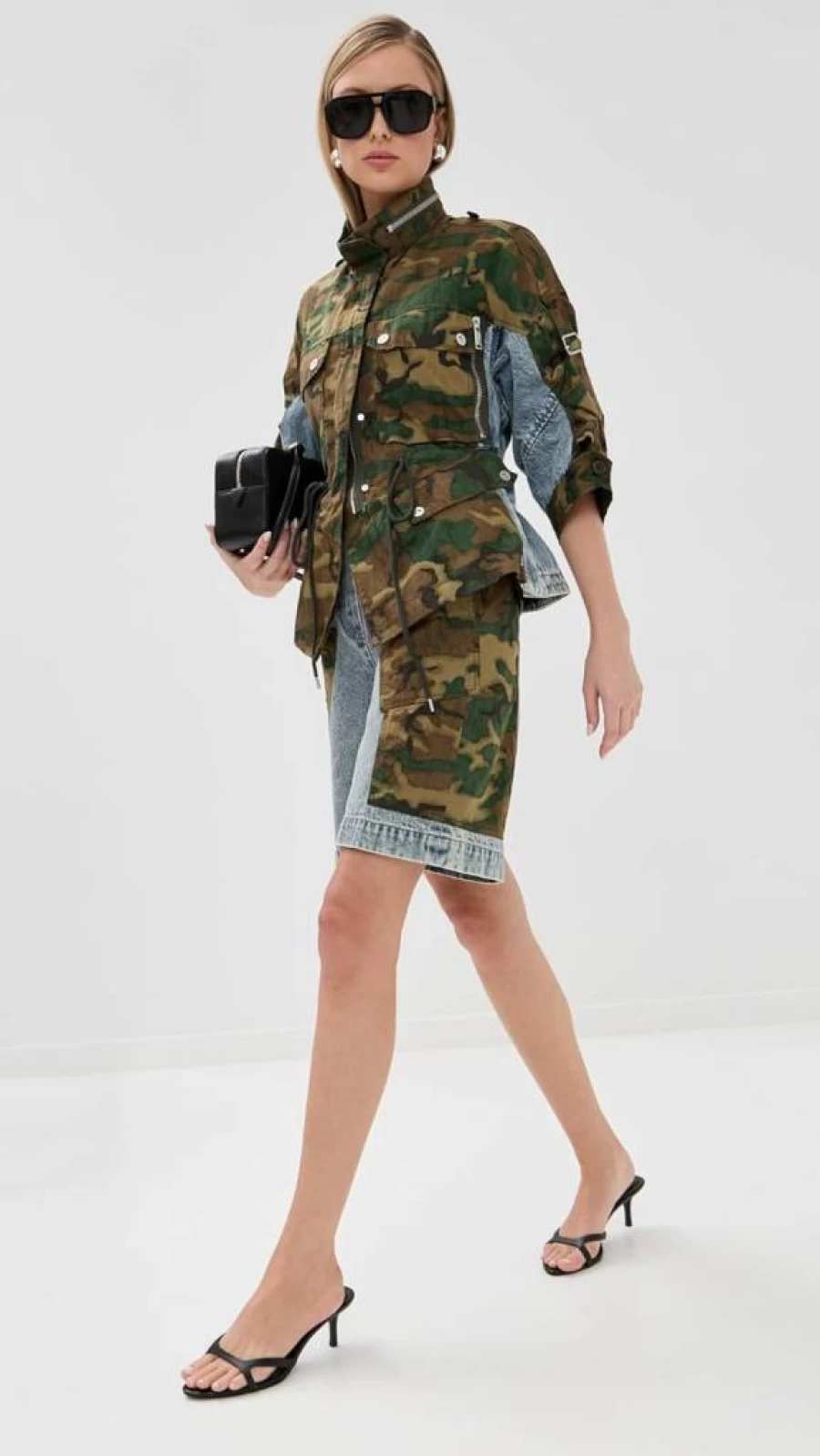 3.1 Phillip Lim Women's Camo Patchwork Ripstop Basketball Shorts – High-Waist Athletic Shorts with Streetwear Style