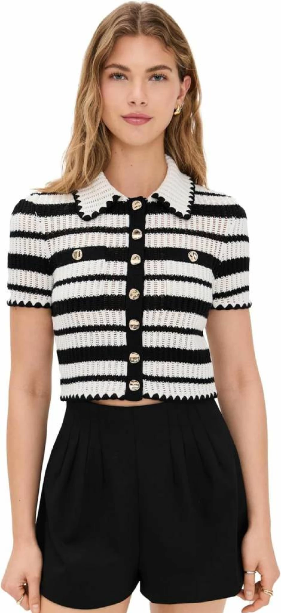 Self Portrait Women's Black & Cream Striped Crochet Knit Top