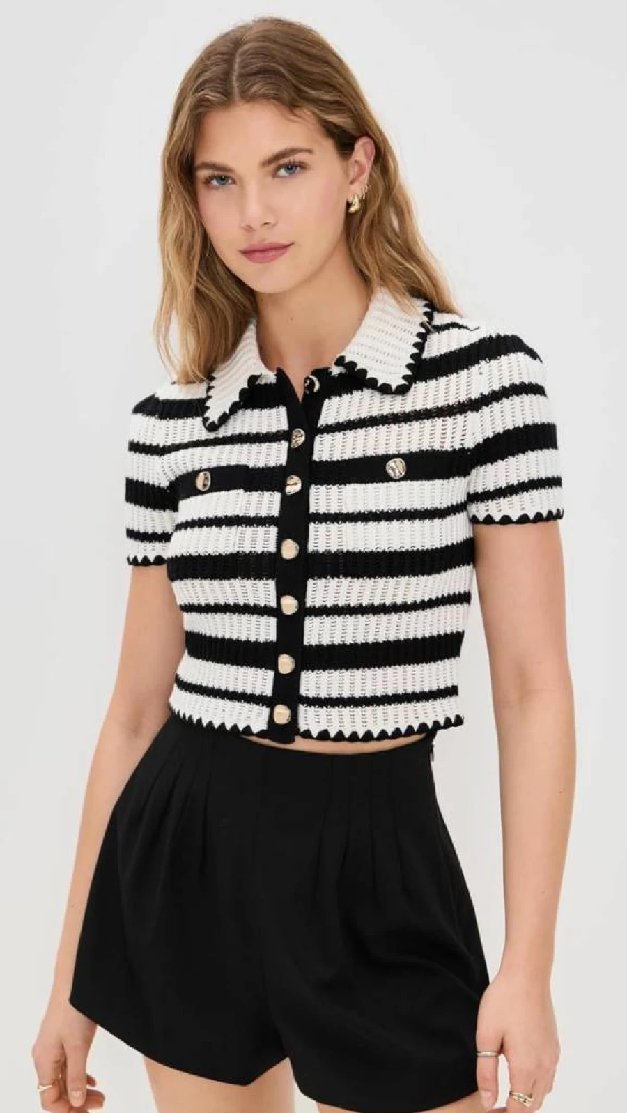 Self Portrait Women's Black & Cream Striped Crochet Knit Top