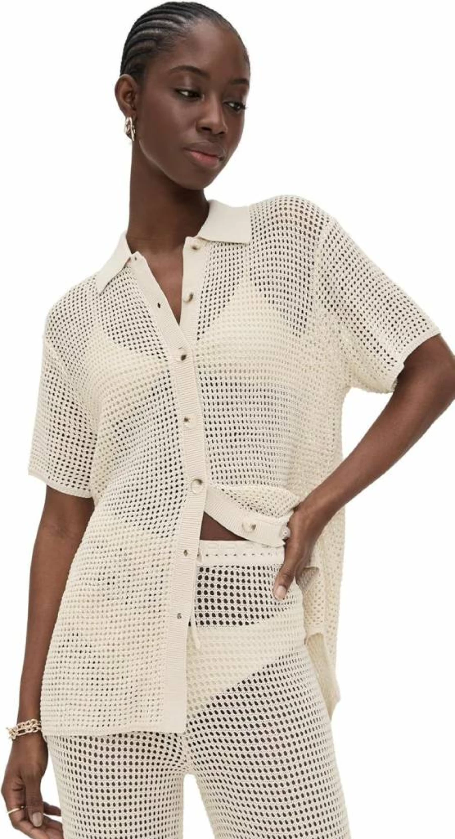 Good American Ecru003 Crochet Top - Women's Boho Lace Knit Blouse