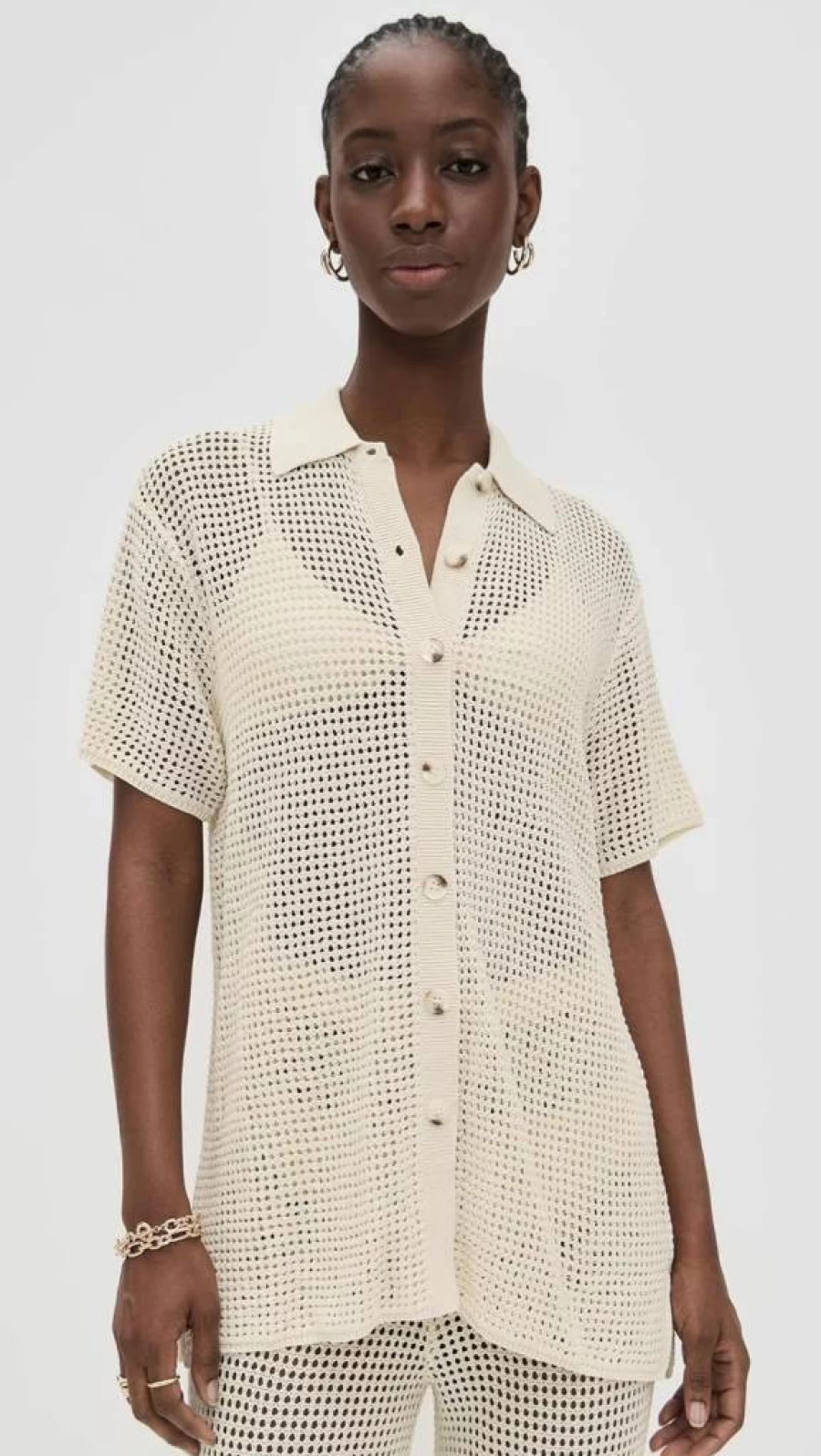 Good American Ecru003 Crochet Top - Women's Boho Lace Knit Blouse